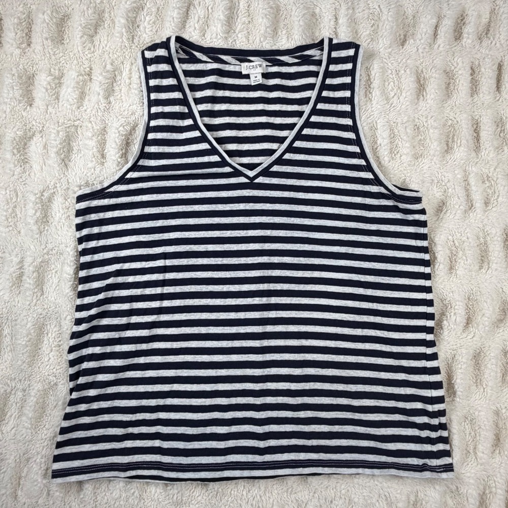 J.Crew Womens Navy Blue White Striped V-Neck Tank Top Size M Cotton Blend